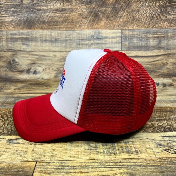 80s Soccer Logo Mens Trucker Hat Red Snapback Throwback Advertisement Ball Cap - Picture 3 of 7